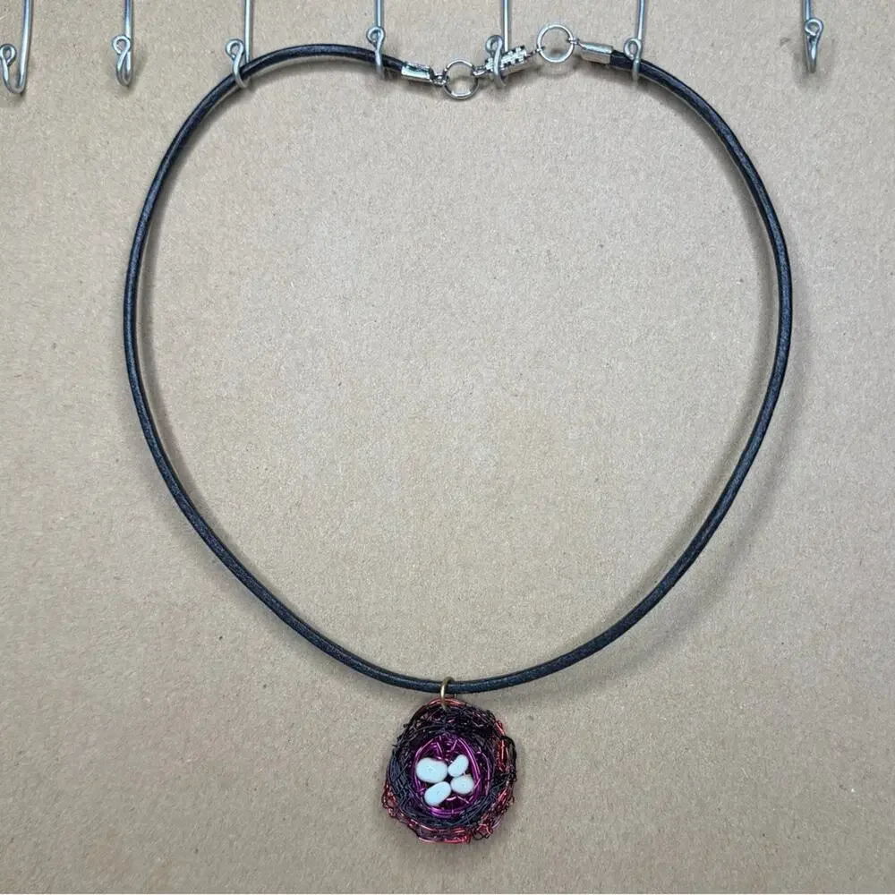 Birds nest necklace wire wrap handmade leather cord
